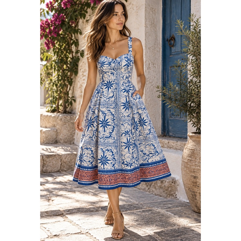 Avec Les Filles Mediterranean Tile Palm Print Cotton Fit Flare Midi Dress 10